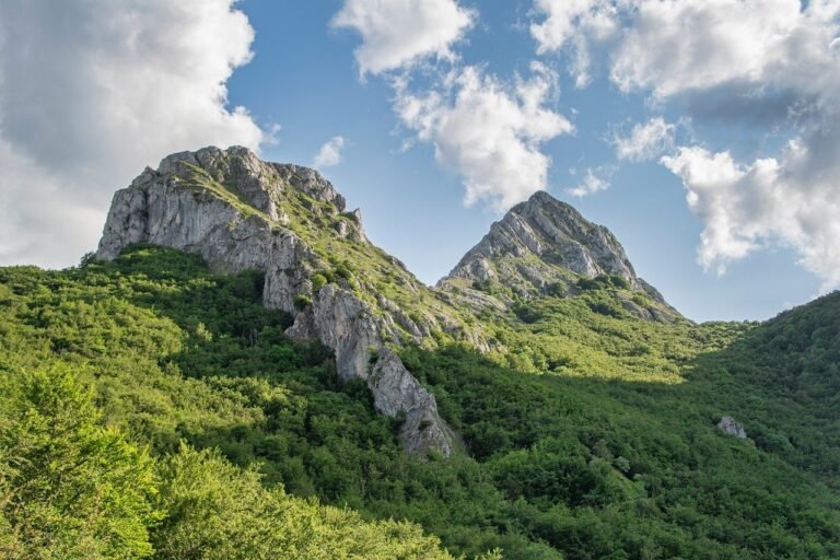 nature, mountains, forest, rocks, clouds, morning, hiking, vegetation, panoramic, riaño, spain, landscape, day, green, view, natural light, clear sky, travel, outdoor